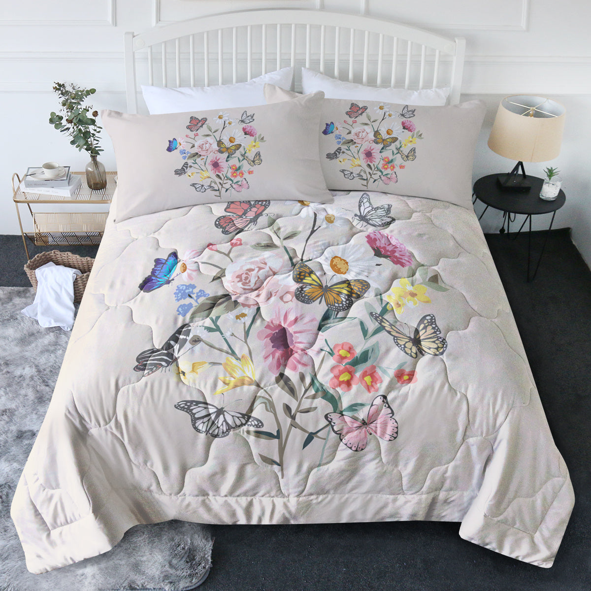 HKM-131027 Light Pink Butterfly Flower Comforter Set for Twin Beds with Soft Comforter and 2 Pillow Shams
