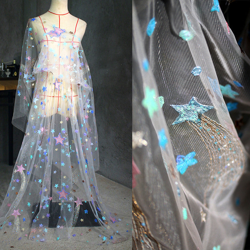 HKM-131859 Starry Sky-Inspired White Sequin Embroidery Mesh Fabric - 145cm Wide, 100% Polyester