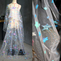 HKM-131859 Starry Sky-Inspired White Sequin Embroidery Mesh Fabric - 145cm Wide, 100% Polyester