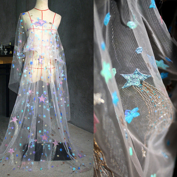 HKM-131859 Starry Sky-Inspired White Sequin Embroidery Mesh Fabric - 145cm Wide, 100% Polyester