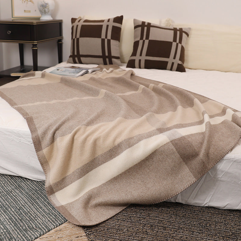 HKM-131859 Wool Jacquard Twill Camping Rug - Striped Blanket in Green, Purple, and Carbon Black