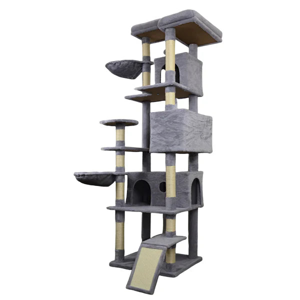 HKM-1321149 Dark Gray Cat Tree Tower with Wide Base, 3 Large Condos, 11 Scratching Posts, 2 Hammocks, and Interactive Toy