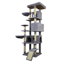 HKM-1321149 Dark Gray Cat Tree Tower with Wide Base, 3 Large Condos, 11 Scratching Posts, 2 Hammocks, and Interactive Toy