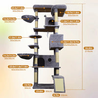 HKM-1321149 Dark Gray Cat Tree Tower with Wide Base, 3 Large Condos, 11 Scratching Posts, 2 Hammocks, and Interactive Toy