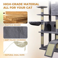 HKM-1321149 Dark Gray Cat Tree Tower with Wide Base, 3 Large Condos, 11 Scratching Posts, 2 Hammocks, and Interactive Toy