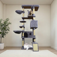 HKM-1321149 Dark Gray Cat Tree Tower with Wide Base, 3 Large Condos, 11 Scratching Posts, 2 Hammocks, and Interactive Toy