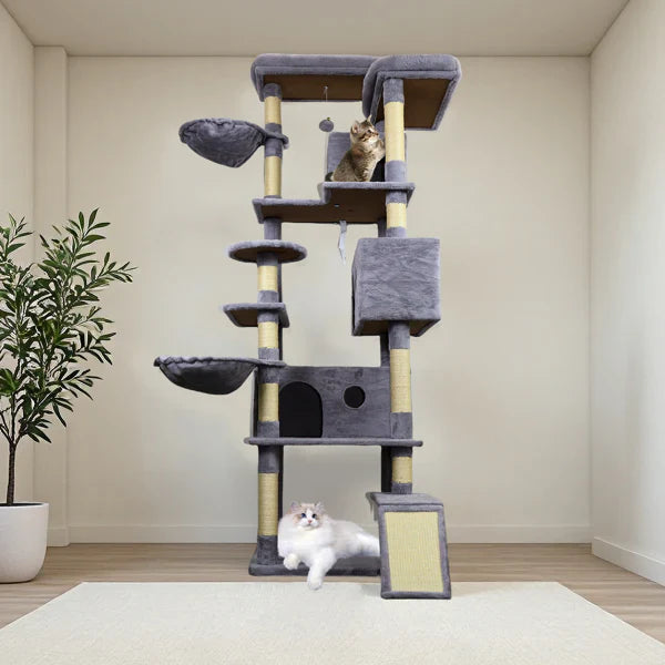 HKM-1321149 Dark Gray Cat Tree Tower with Wide Base, 3 Large Condos, 11 Scratching Posts, 2 Hammocks, and Interactive Toy