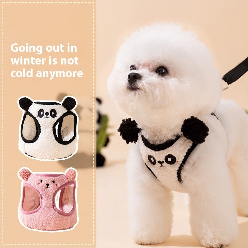 HKM-1327037 Lambswool Dog Leash with Animal-Shaped Handle in White Panda and Pink Bear Designs