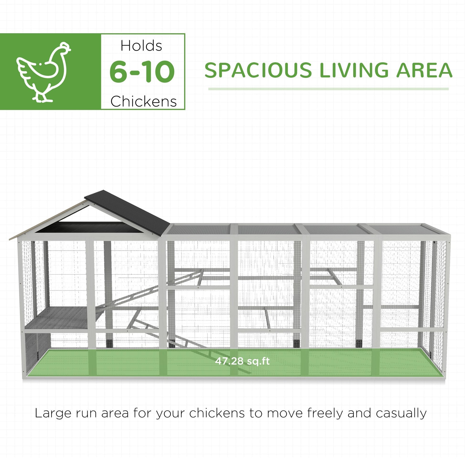 HKM-1330877 Wooden Chicken Coop Run for 6-10 Chickens with Storage, Perches and Lockable Door - 141.75" x 48" x 61" Gray