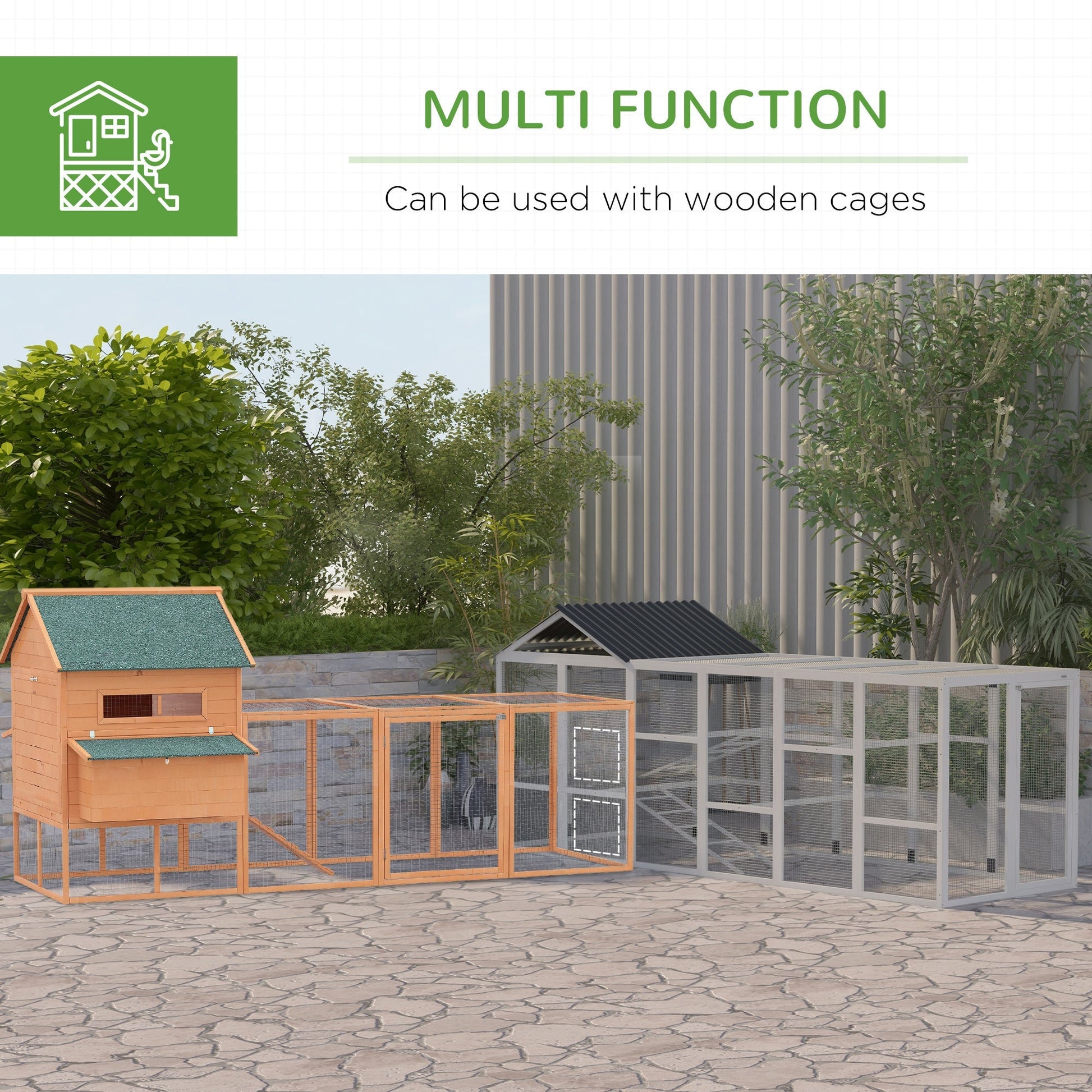 HKM-1330877 Wooden Chicken Coop Run for 6-10 Chickens with Storage, Perches and Lockable Door - 141.75" x 48" x 61" Gray