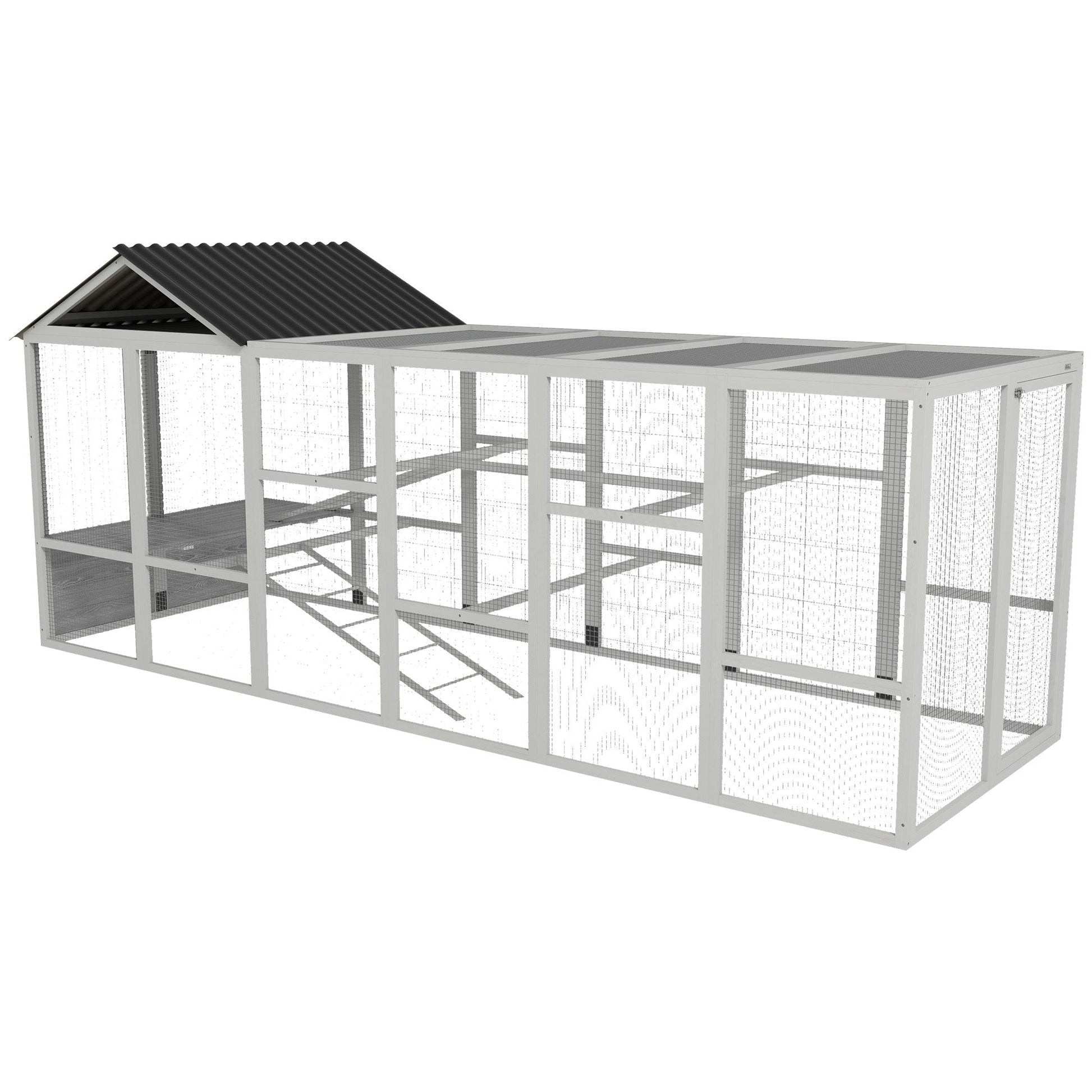 HKM-1330877 Wooden Chicken Coop Run for 6-10 Chickens with Storage, Perches and Lockable Door - 141.75" x 48" x 61" Gray