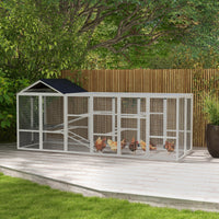 HKM-1330877 Wooden Chicken Coop Run for 6-10 Chickens with Storage, Perches and Lockable Door - 141.75" x 48" x 61" Gray