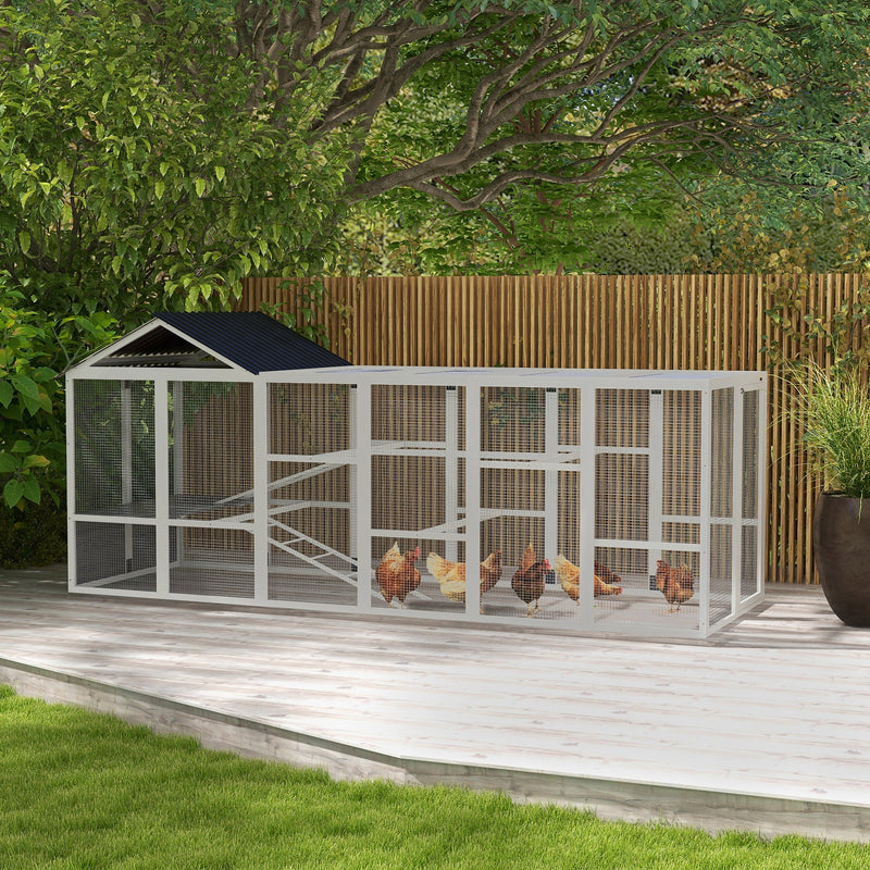 HKM-1330877 Wooden Chicken Coop Run for 6-10 Chickens with Storage, Perches and Lockable Door - 141.75" x 48" x 61" Gray