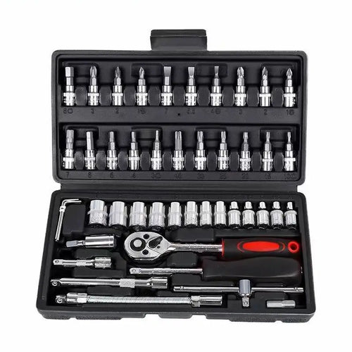 HKM-133203 46-Piece Portable Screwdriver and Socket Bit Set with Ratchet Wrench and Extension Bar in Carry Case