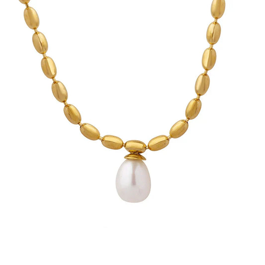 HKM-133715 Temperament Jewelry Neutral Fashion Titanium Steel Gold-plated Oval Bead Chain Imitation Pearl Pendant Necklace