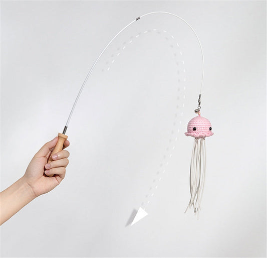 HKM-1339581 Telescopic Steel Wire Cat Toy with Beech Handle and Bell, Durable Funny Cat Stick