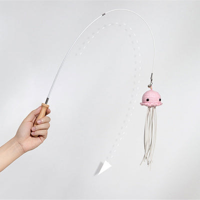 HKM-1339581 Telescopic Steel Wire Cat Toy with Beech Handle and Bell, Durable Funny Cat Stick
