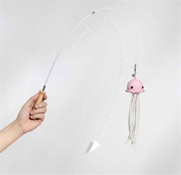 HKM-1339581 Telescopic Steel Wire Cat Toy with Beech Handle and Bell, Durable Funny Cat Stick