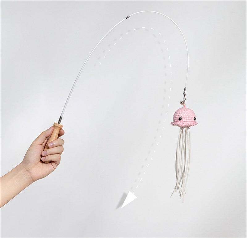 HKM-1339581 Telescopic Steel Wire Cat Toy with Beech Handle and Bell, Durable Funny Cat Stick