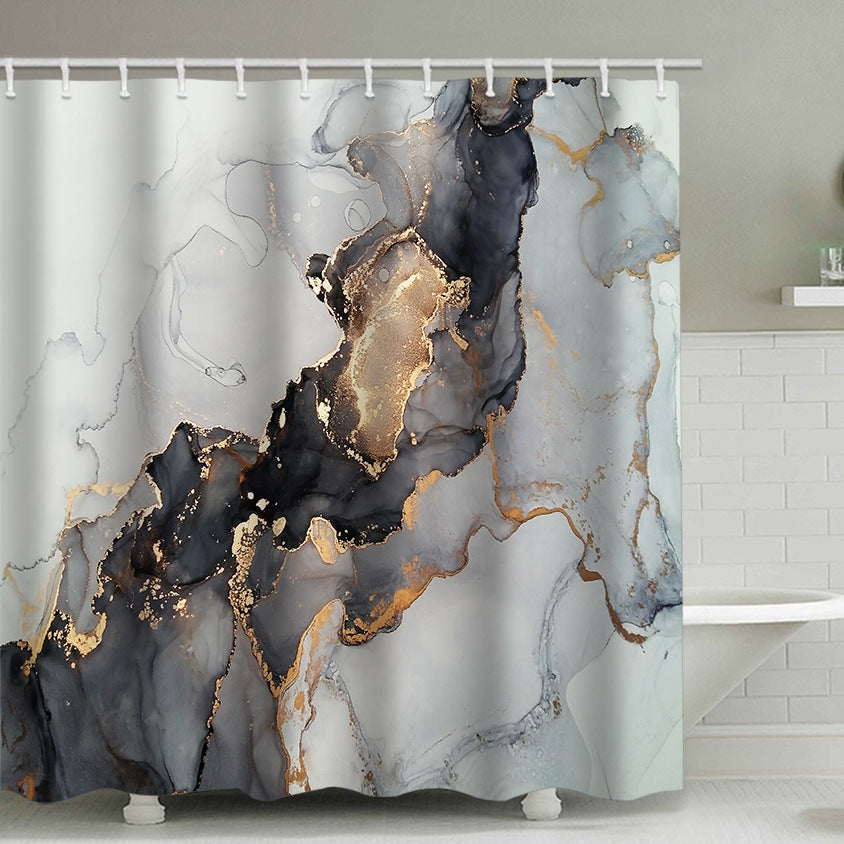 HKM-134163 Modern Abstract Marble Shower Curtain in Black and Gold Geometric Design