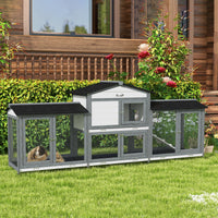 HKM-1342397 Deluxe Wooden Rabbit Hutch with Run and Removable Cleaning Trays for Small Animals, Light Gray, 90.5"