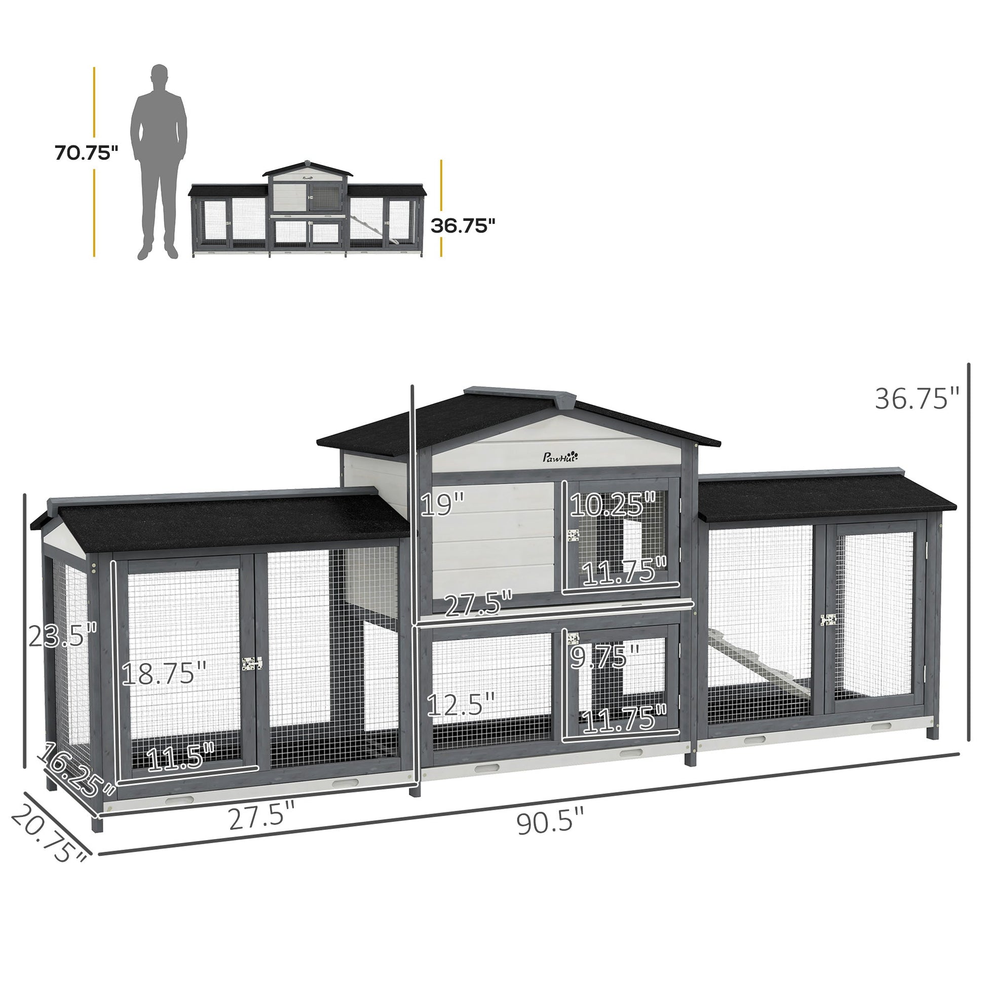 HKM-1342397 Deluxe Wooden Rabbit Hutch with Run and Removable Cleaning Trays for Small Animals, Light Gray, 90.5"