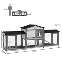 HKM-1342397 Deluxe Wooden Rabbit Hutch with Run and Removable Cleaning Trays for Small Animals, Light Gray, 90.5"