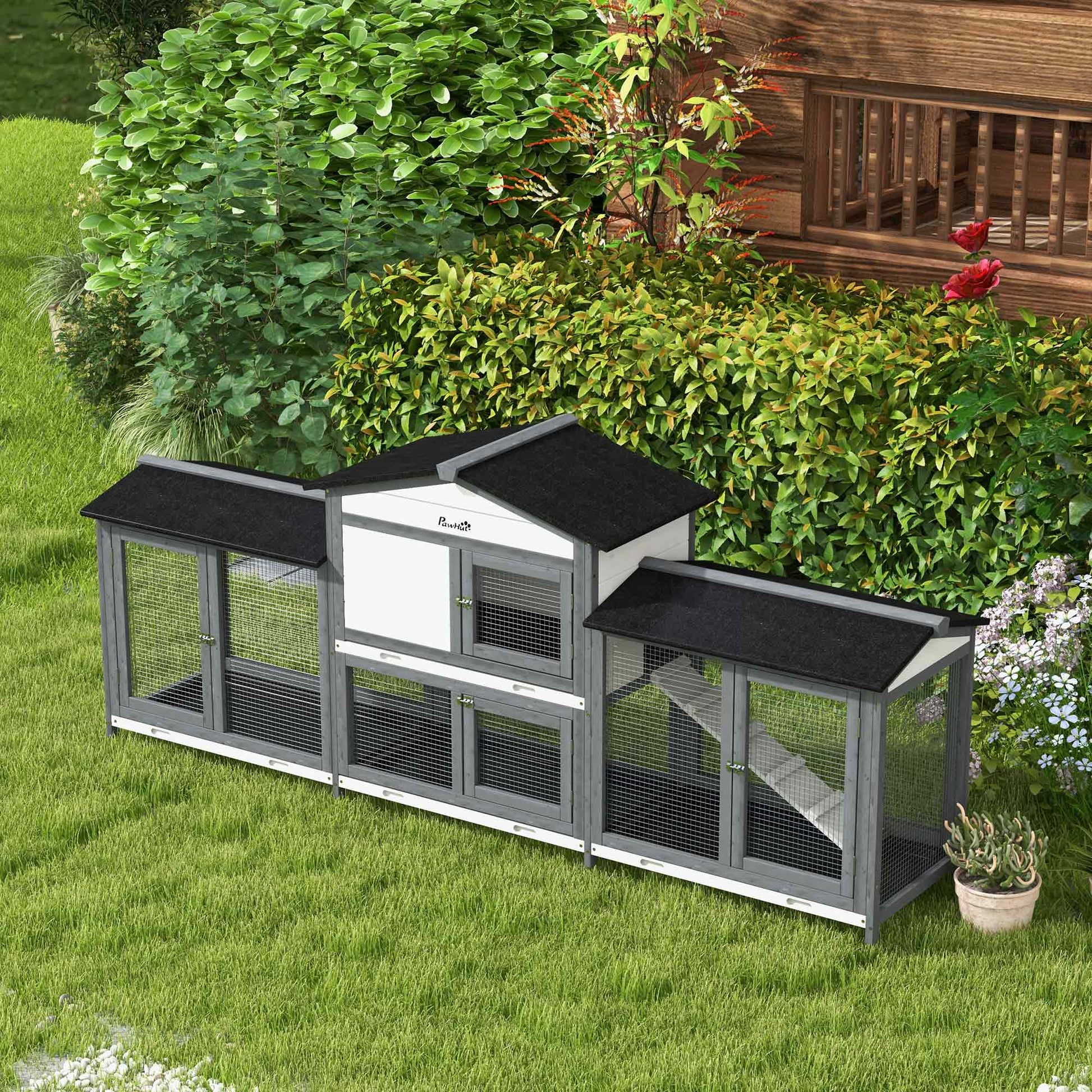 HKM-1342397 Deluxe Wooden Rabbit Hutch with Run and Removable Cleaning Trays for Small Animals, Light Gray, 90.5"