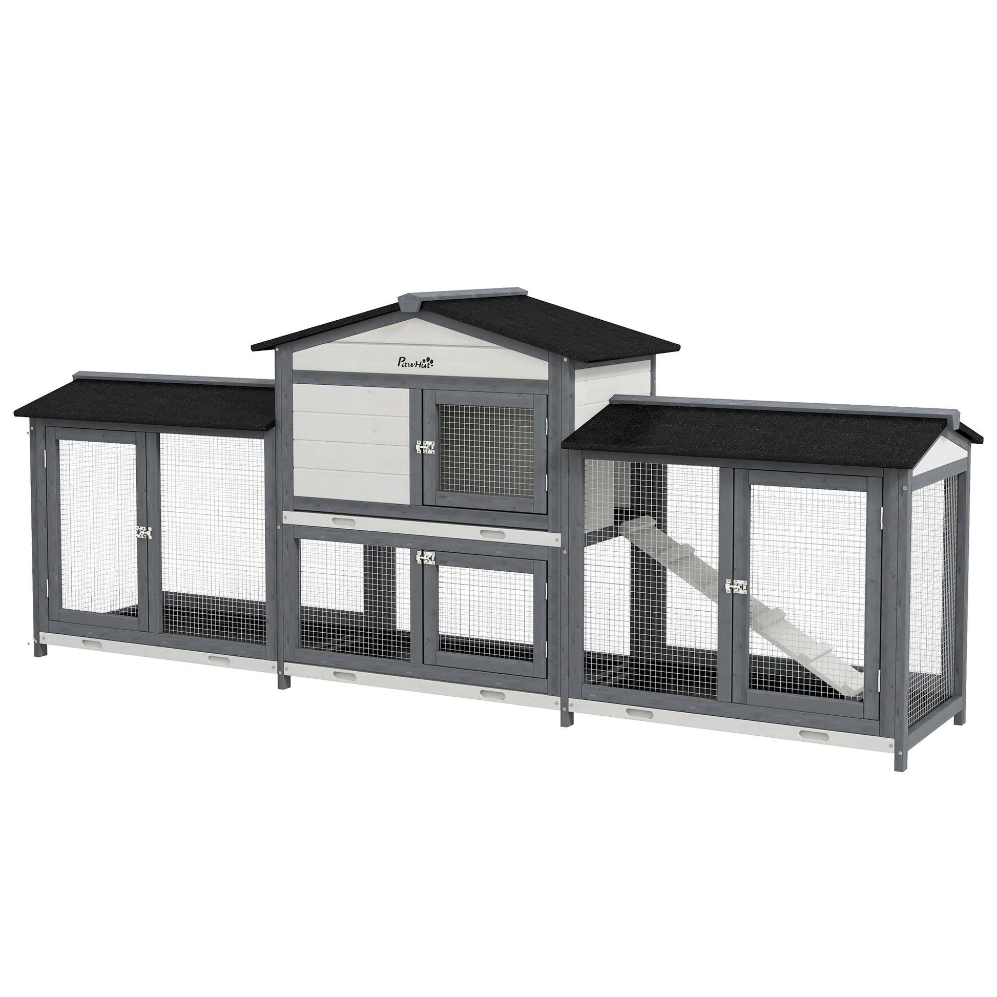 HKM-1342397 Deluxe Wooden Rabbit Hutch with Run and Removable Cleaning Trays for Small Animals, Light Gray, 90.5"