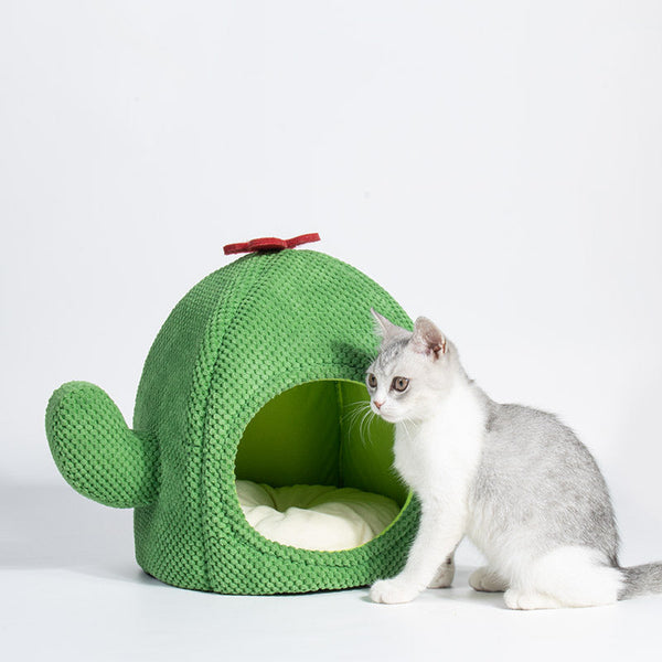 HKM-1342781 Cactus-Shaped Closed Cat Litter Nest for Cozy Winter Comfort - Green and Dark Green, Cloth Material, 38x38x45CM