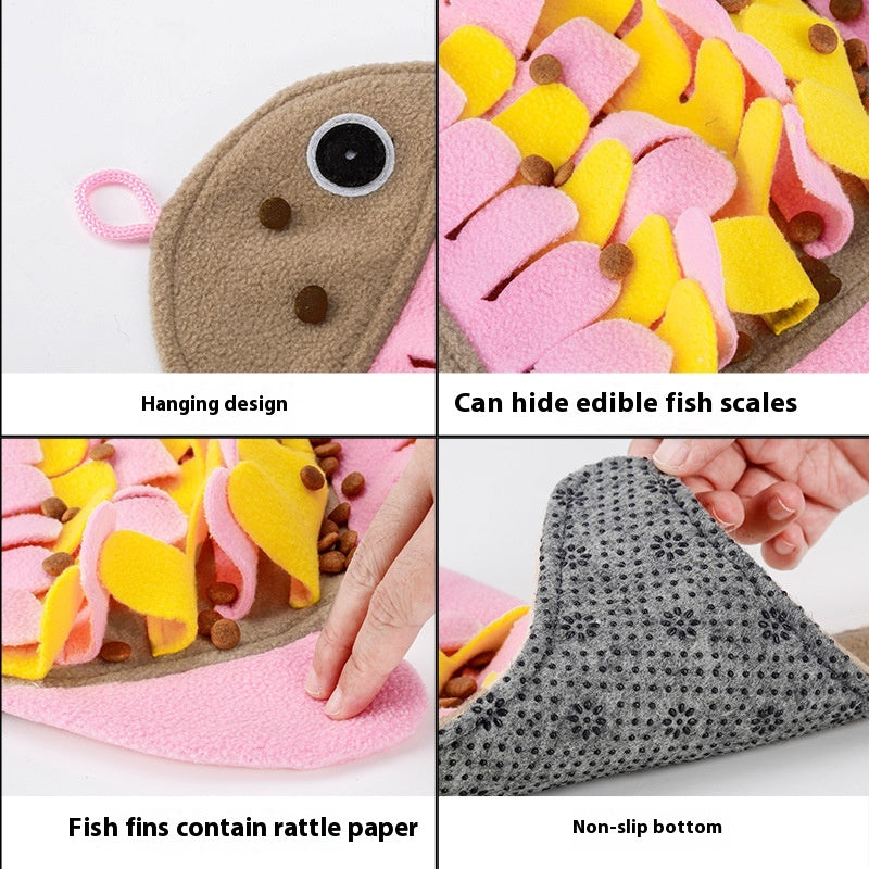 HKM-1344701 Fish-Shaped Pink Fleece Cat Toy Blanket and Training Food Bowl - 36 x 26CM