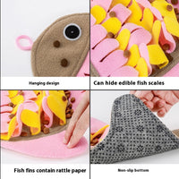 HKM-1344701 Fish-Shaped Pink Fleece Cat Toy Blanket and Training Food Bowl - 36 x 26CM