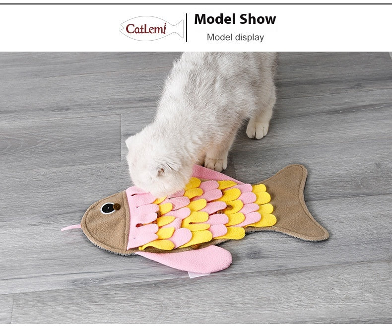 HKM-1344701 Fish-Shaped Pink Fleece Cat Toy Blanket and Training Food Bowl - 36 x 26CM