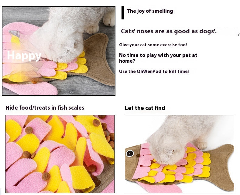 HKM-1344701 Fish-Shaped Pink Fleece Cat Toy Blanket and Training Food Bowl - 36 x 26CM