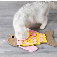 HKM-1344701 Fish-Shaped Pink Fleece Cat Toy Blanket and Training Food Bowl - 36 x 26CM