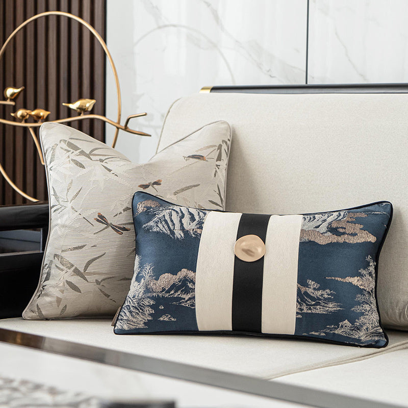 HKM-135315 Elegant Blue Landscape Embroidered Pillow Cover for Living Room Decor