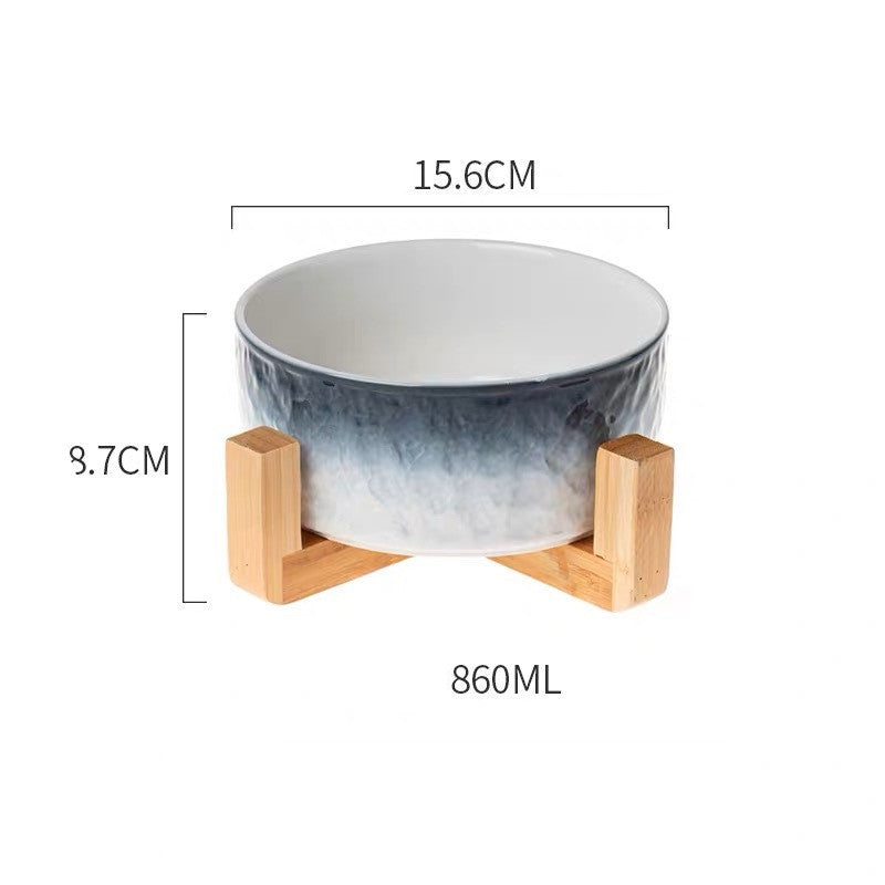 HKM-1354429 Ceramic Pet Bowl with Wooden Anti-Slip Base for Cats and Dogs - 860 ml, Easy to Clean