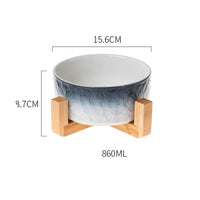 HKM-1354429 Ceramic Pet Bowl with Wooden Anti-Slip Base for Cats and Dogs - 860 ml, Easy to Clean