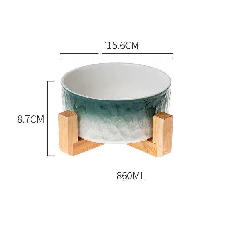 HKM-1354429 Ceramic Pet Bowl with Wooden Anti-Slip Base for Cats and Dogs - 860 ml, Easy to Clean