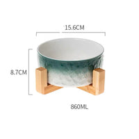 HKM-1354429 Ceramic Pet Bowl with Wooden Anti-Slip Base for Cats and Dogs - 860 ml, Easy to Clean
