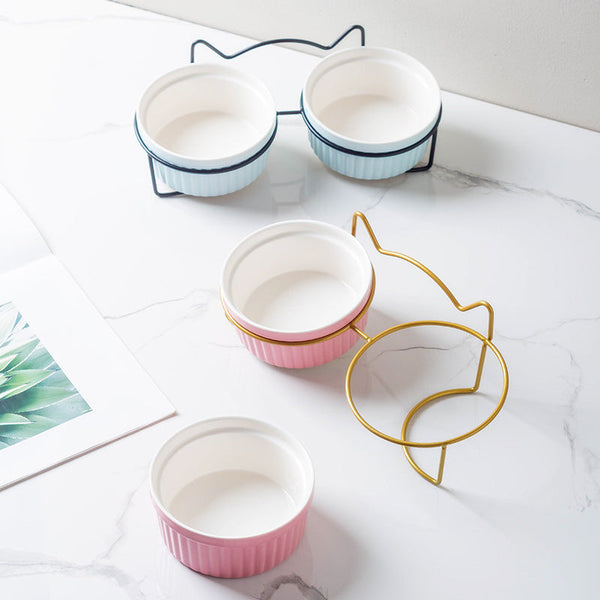 HKM-1360189 Sky Blue, Gorgeous Pink, Elegant White Ceramic Double or Single Bowl Pet Water Feeder with Bracket