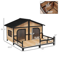 HKM-1363645 Large Wooden Dog House - Weatherproof Rustic Log Cabin Style Elevated Pet Shelter with Porch Deck, 59x64x39 Inches