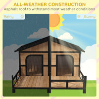 HKM-1363645 Large Wooden Dog House - Weatherproof Rustic Log Cabin Style Elevated Pet Shelter with Porch Deck, 59x64x39 Inches
