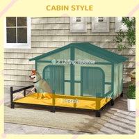 HKM-1363645 Large Wooden Dog House - Weatherproof Rustic Log Cabin Style Elevated Pet Shelter with Porch Deck, 59x64x39 Inches