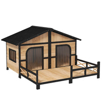 HKM-1363645 Large Wooden Dog House - Weatherproof Rustic Log Cabin Style Elevated Pet Shelter with Porch Deck, 59x64x39 Inches