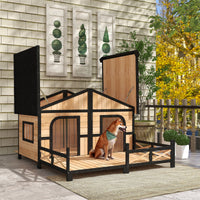 HKM-1363645 Large Wooden Dog House - Weatherproof Rustic Log Cabin Style Elevated Pet Shelter with Porch Deck, 59x64x39 Inches