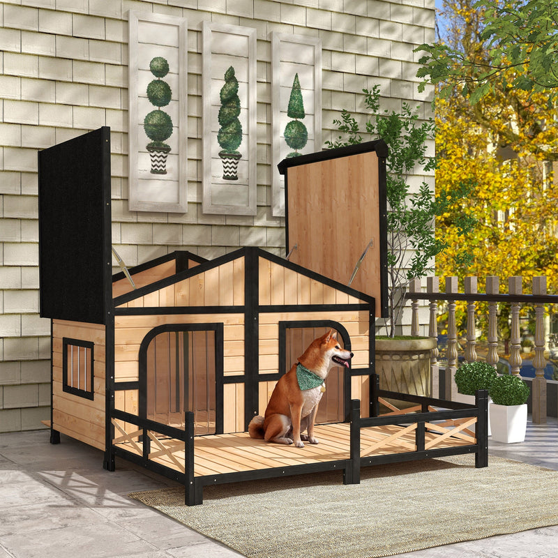 HKM-1363645 Large Wooden Dog House - Weatherproof Rustic Log Cabin Style Elevated Pet Shelter with Porch Deck, 59x64x39 Inches