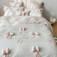 HKM-136467 Cotton Washed Three-Dimensional Bow Bedding Set – Includes Quilt Cover, Sheets, and Pillowcases, Multiple Sizes Available