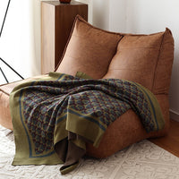 HKM-136467 Retro Geometric Chenille Knit Blanket in Olive and Light Gray for All-Season Decor