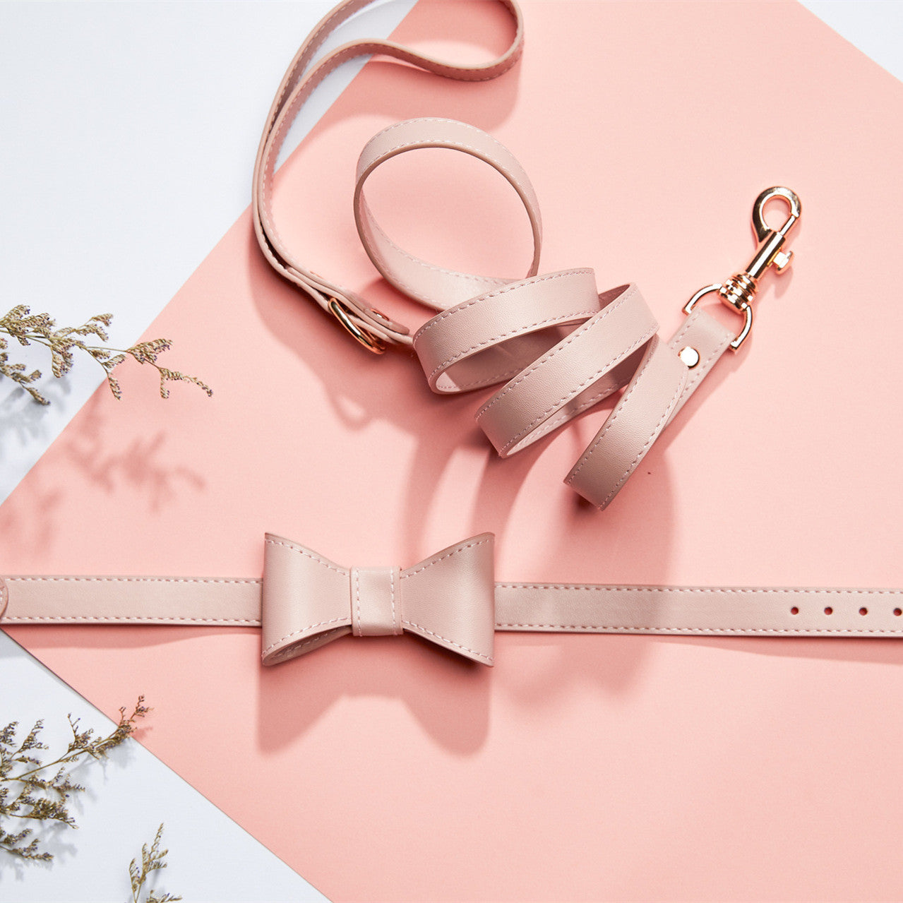 HKM-1365053 Cute Bow Collar and Leash Set for Pets - Fashionable Cotton Design in Blue and Pink